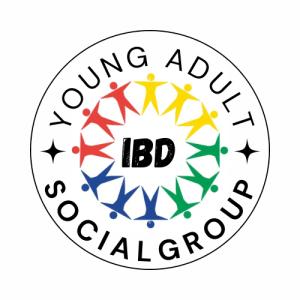 Text reads: "Young Adult IBD Social Group" with a ring of connected people in rainbow colors
