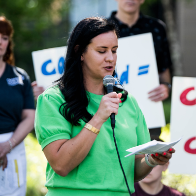 Haley Mills at a rally led by the Crohn's & Colitis Foundation on May 31, 2023 at UnitedHealthcare's headquarters.