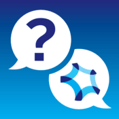 Chat bubbles on a blue gradient background; left bubble has a question mark, right bubble features a blue star logo