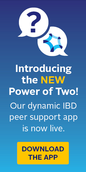 Introducing the new Power of Two IBD peer support app ad, with speech bubble icons and a "Download the App" button against a blue gradient background.