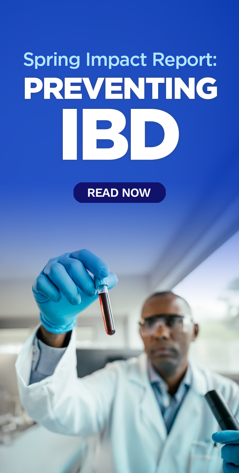 Doctor wearing gloves holds a test tube in a lab. Text reads "Spring Impact Report: Preventing IBD." A "Read Now" button is visible.