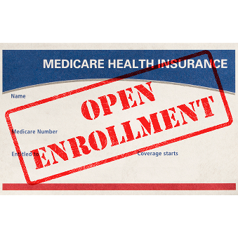 Image of Medicare card and words “open enrollment.”