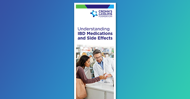 The cover of the IBD Medications brochure with the Foundation’s logo and an image of a woman discussing medication with a pharmacist