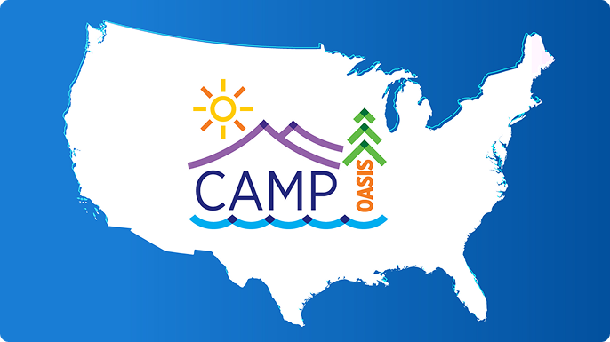 Map of the US with the Camp Oasis logo superimposed.
