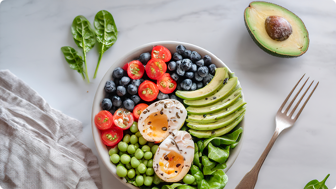 Use general diet video in production but if not, use image instead  A bowl of avocados, blueberries, spinach, tomatoes, and chickpeas with a fork and knife on a white tablecloth.