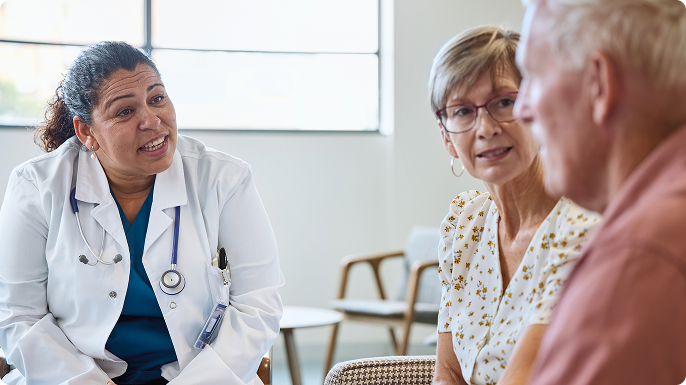 Video being developed, but if not ready, use image  An older couple discusses treatment with their doctor.