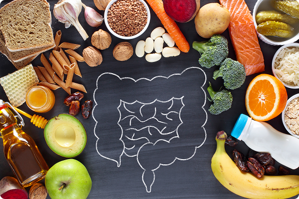 An array of healthy foods surround a drawing of an intestine on a blackboard