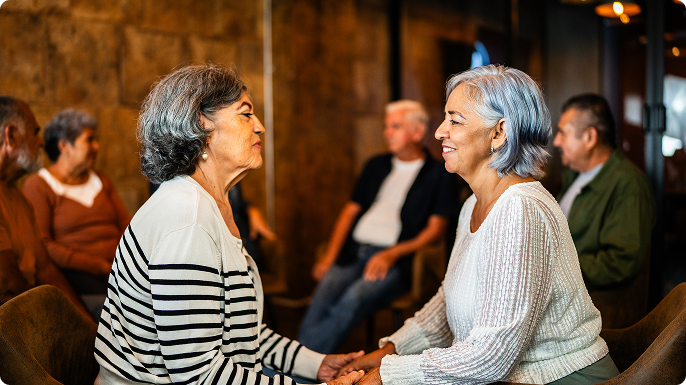 Two older women share moment of connection at support group.