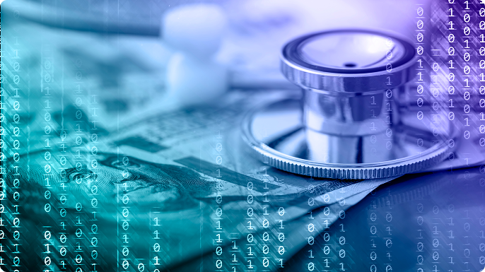 Close-up of a stethoscope on medical documents, overlaid with binary code, conveying digital healthcare, technology, and secure data.