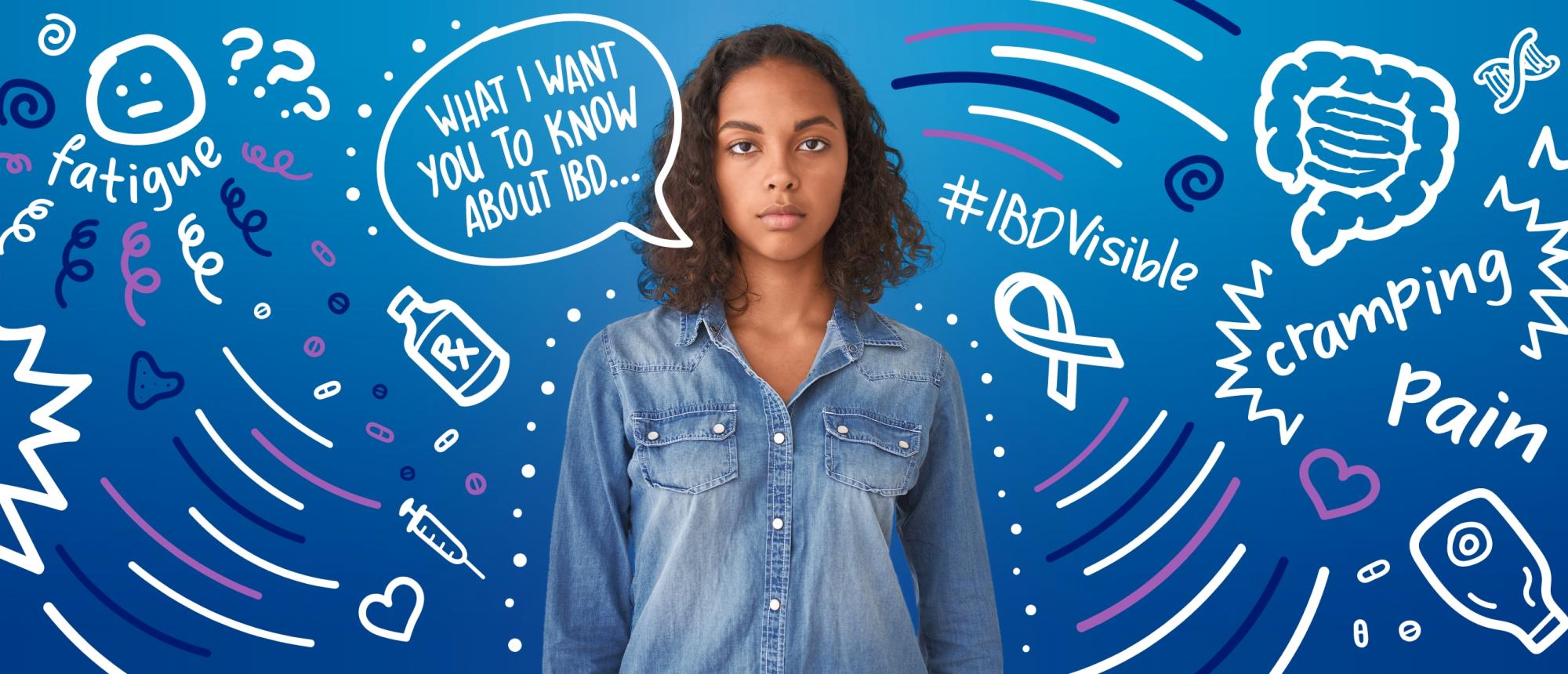 Awareness Week 2021 homepage image - girl with graffiti text displaying symptoms of IBD