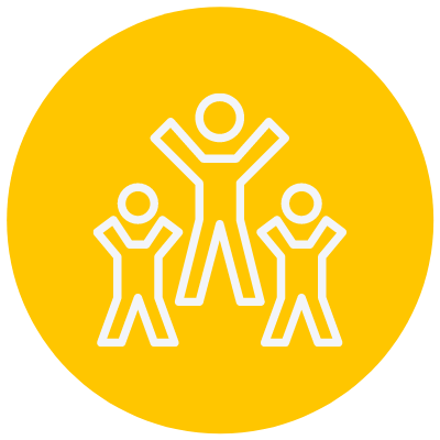 Yellow icon with figures with their arms up