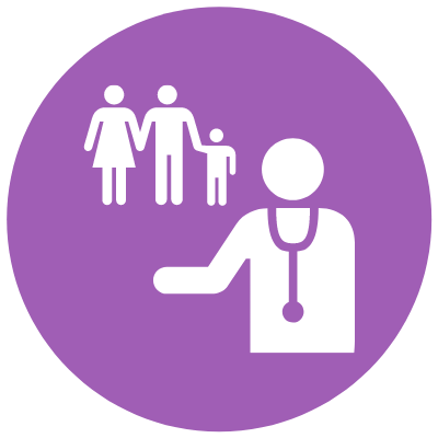 Purple icon with doctor figure gesturing at family figures