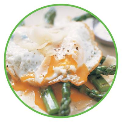 Asparagus with runny eggs on top