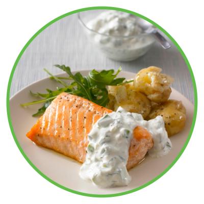 Baked salmon with cucumber dill sauce and roasted potatoes