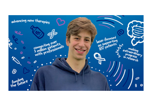 Young man standing in front of blue background with medical designs