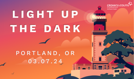 Text reads "Light Up the Dark Portland, OR 03.07.24" with the image of a lighthouse and tree