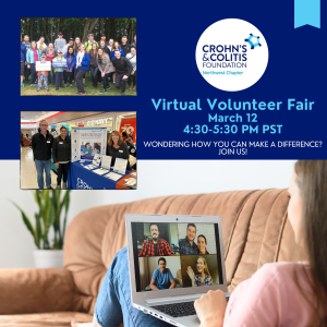 Image reads "Virtual volunteer fair March 12 4:30-5:30 pm pst. Wondering how you can make a difference? Join us!" On a dark blue background with the Foundation logo in a white circle above an image of a person sitting on a couch in a virtual meeting. Two images of groups of people are overlayed on the graphic