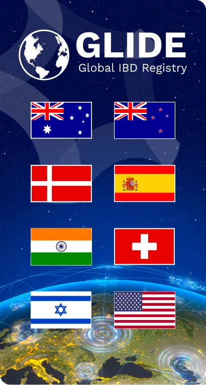 Flags of different countries are displayed in a grid on a starry background above an Earth image. Text reads "GLIDE Global IBD Registry."