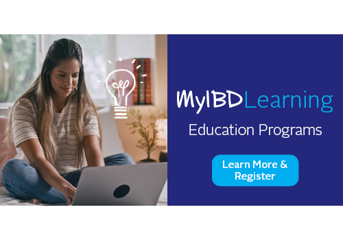 Young woman using laptop for MyIBD Learning online education program about Crohn’s and colitis.