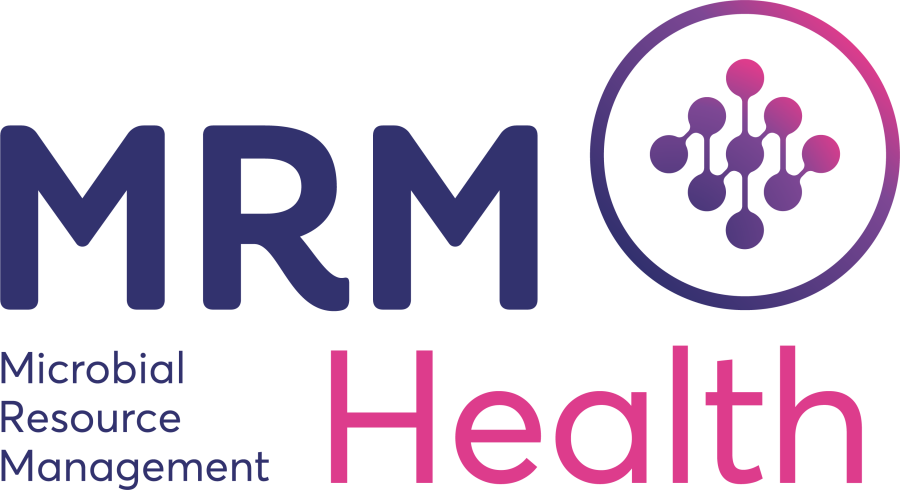 MRM Health logo with “Microbial Resource Management” on the left and a stylized molecule graphic inside a pink circle on the right.