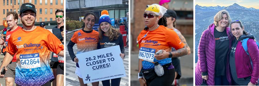 A montage of marathon runners in orange "Team Challenge" shirts, smiling and determined. A sign reads, "26.2 miles closer to cures!" Another image shows two women in winter gear, posing in front of mountains.