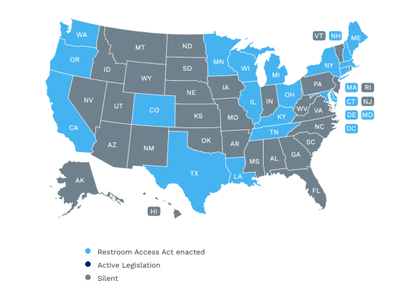 Map of the United States showing restroom access legislation